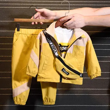 2021 Нов модерен комплект (палта + панталони + чанта) Корейската версия детска пролетно-есенен детски дрехи от две части за момичета и момчета