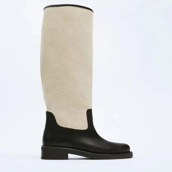 2022 г., модни дамски обувки ZA, високи ботуши над коляното, каубойски ботуши в стил ретро, подходящи по цвят на есенно-зимни високи обувки