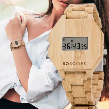 BOBO BIRD Бамбукови Дървени Цифров Часовник Дамски Модни Стилни Спортни Ръчни Часовници С Автоматично Датата на Часовници Джентри Индивидуален Подарък дамски часовник