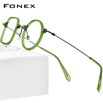 FONEX Ацетат Титанов Очила В Рамки Мъжки Реколта Ляво Квадратни Десни Кръгли Очила По Рецепта Дамски очила Очила F85700