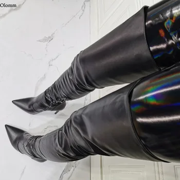 Olomm/Новост 2021 г.; модни дамски зимни ботуши до бедрата; Пикантни елегантни черни обувки на висок ток с остър пръсти; женски-големи размери САЩ 5-15