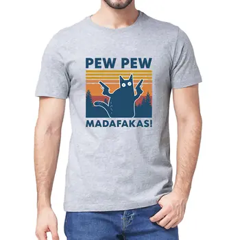 Pew Pew Madafakas Тениска Новост Смешно Котка на Реколта през Цялата Силует Лятна Мъжки 100% памук Тениска с къси ръкави Хумор Подарък Върховете тениска