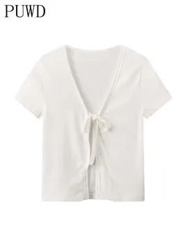 PUWD Сладък Меки Памучни Бели Ризи с излизам на юзда за момичета, Летни Модни Дамски Обикновена Къса Върхове, Тънки Дамски Шик Скъсяване на Върховете