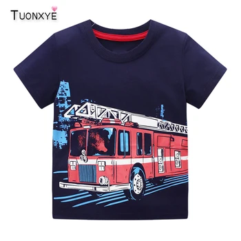 TUONXYE/ летни тениски с къси ръкави за момчета, Потници, Облекло, с шарките на Пожарна Машина, Детски Дрехи, Памучен дрехи за деца от 2 години до 8 години