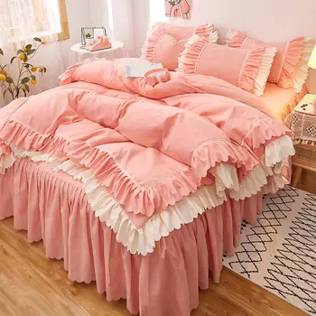WOSTAR Розов чаршаф в стил принцеса, чаршаф, калъфка за възглавница, 2 души, луксозно двойно легло, спално бельо, комплект от четири обекта/queen/king size