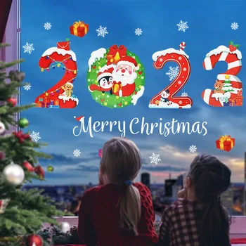 Весела Коледа Интериор Етикети В Прозореца На Дядо Коледа Лосове Снежинка, Снежен Човек Електростатичен Стикери За Стена За Коледа, Честита Нова Година 2023