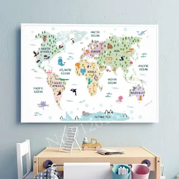 Карта на Света Плакат Отпечатва Пастел Декор За Детска Стая Сафари Темата на Животни Карта на Света Стенно Изкуство Платно Картина за Украса на Детска Стая