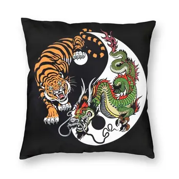 Китайски Дракон и Тигър Татуировка Графичен Хвърли Калъфка Домашен Декоративен Потребителски Символ на Ин и Ян Калъф За Възглавници Калъфка