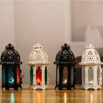 Класически Марокански Ветроупорен Свещници С Обетом От Желязната Стъкло Висящ Свещник Сватбена Украса Свещ Фенер Начало Декор