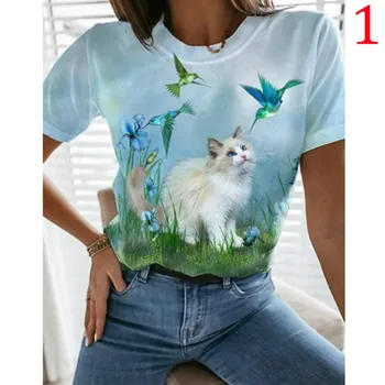 Лятна мода 3D Печат Сладък Котки и Птици Мъжки/Дамски ризи с кръгло деколте Улични Ежедневни Личност Диви Свободни Оверсайз XXS-6XL