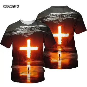 Мъжка тениска с 3D Принтом на Кръста, Исус, 2021, Летни Тениски с Кръгло деколте и Къс Ръкав, Потници в християнския Стил, Мъжки Дрехи, Модни и Ежедневни тениска
