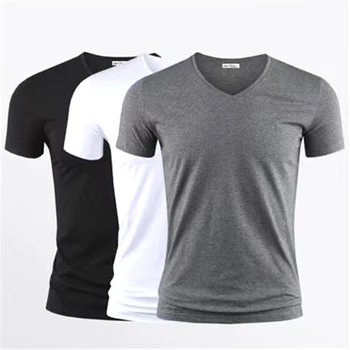 Мъжки t-shirt Чист Цвят С V-образно Яка, Блузи с къс ръкав, Тениски, Мъжки t-shirt, Черен Чорапогащник, Мъжки Ризи, Фитнес За мъжки Дрехи TDX01