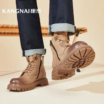 Мъжки обувки Kangnai от естествена кожа, Ботильоны дантела, градинска мъжки обувки на равна платформа