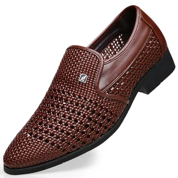 Мъжки обувки-Oxfords, Летни кожени обувки дантела с остри Пръсти, черни, Кафяви мъжки модел обувки, Офис бизнес сватбени и вечерни обувки