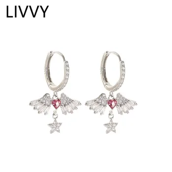 Обеци Цвят Сребро LIVVY, Розови обици във формата на сърце с кристали, цирконий, на Крилете на Ангела за Жени, Чаровни, Модни Бижута Обици