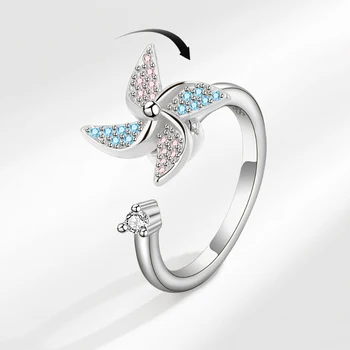 Оригинален дизайн, бели и сини инкрустиран с кристали малки въртящи се пръстени-визьор за жени, регулируеми изискани модни бижута