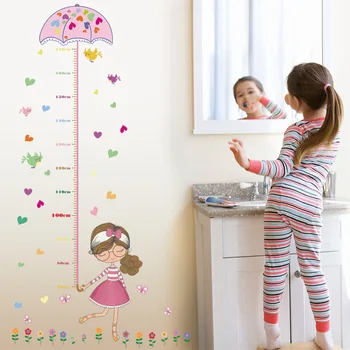 Прекрасна карикатура измерване на височина стикери за стена чадър За момичета спалня цвете, птица, пеперуда сърцето декор сам тапети стикер