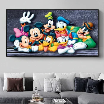Семейството на Disney Мики и Мини Маус Стенно Изкуство, Печат Върху Платно, Гуфи Доналд Дък Класическата Карикатура, Плакат Картини За Детска Стая