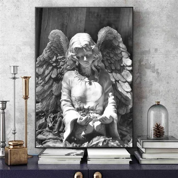 Черно-Бяла Статуя на Ангел Платно Стенни Художествени Плакати и Щампи Крила на Ангел Скулптура, Картина На Стената картина За Хола