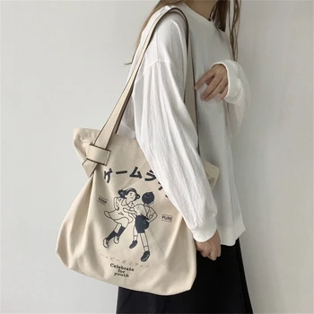 Японски ретро-холщовая чанта с голям капацитет, Мультяшная пазарска чанта, дамски универсална чанта на Рамото, Пътна тъканта, чанта, чанта за Пазаруване